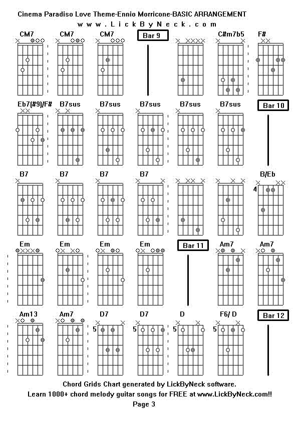 Chord Grids Chart of chord melody fingerstyle guitar song-Cinema Paradiso Love Theme-Ennio Morricone-BASIC ARRANGEMENT,generated by LickByNeck software.